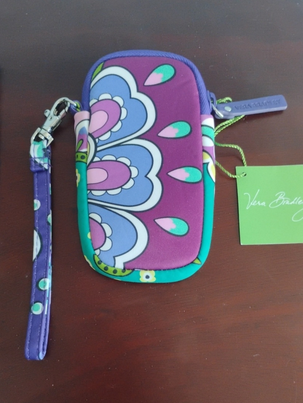 Vera Bradley Purple Floral Neoprene Phone Wristlet Case with Teal Trim